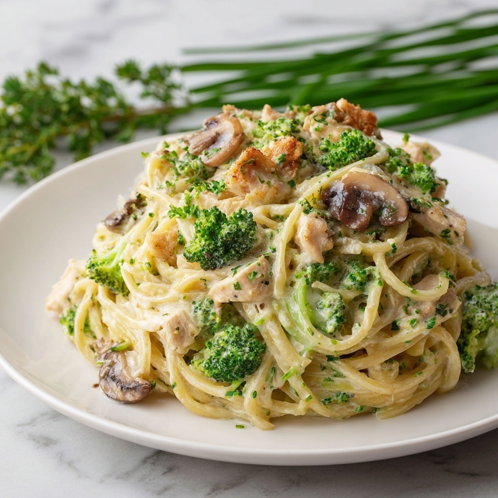 A plate of creamy pasta with three main layers: at the bottom, there is a bed of pale yellow spaghetti noodles, soft and slightly twisted; mixed throughout are chunks of white chicken and bright green broccoli florets adding texture; scattered mushrooms with brown tops and white undersides are interspersed evenly. The entire dish is covered in a light, creamy sauce that gives a glossy look. A fresh green rosemary sprig lies on the right side of the white plate with subtle speckles. The plate sits on a white marbled surface, with a white cloth napkin and wooden cutting board partially visible in the background. Photo taken with an iphone --ar 4:5 --v 7