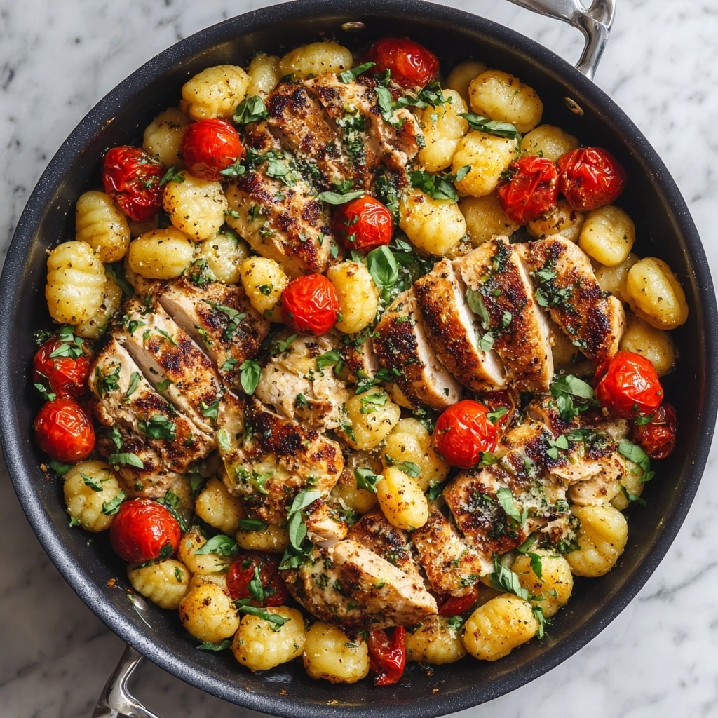 A white plate with two cooked chicken breasts on top, golden brown with grill marks and small green herb pieces scattered over them, sitting on a layer of small round golden potatoes that are lightly browned and glistening with oil and herbs. The chicken pieces have a juicy and slightly crispy texture with a warm, rich color. The background is a white marbled texture with blurred green herbs and a glass of golden liquid visible in the back. photo taken with an iphone --ar 4:5 --v 7