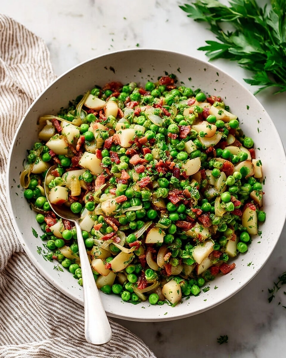 A white round bowl filled with a colorful mixture of small green peas, diced pale yellow potatoes, small reddish-brown bacon pieces, and thin translucent sautéed onion rings, all mixed evenly with chopped green herbs scattered throughout. A silver spoon with a white handle is placed inside the bowl on the left side, partially scooping some of the mix. The bowl sits on a white marbled surface near some green herb leaves and a folded beige and white striped cloth. Photo taken with an iphone --ar 4:5 --v 7