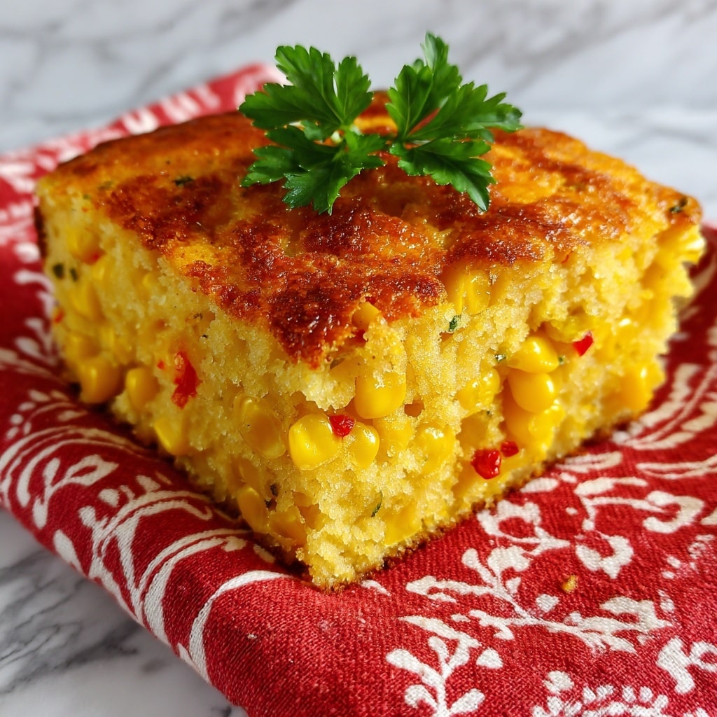 A square piece of golden-brown cornbread with a slightly crispy top layer, showing visible kernels of yellow corn mixed throughout the soft, crumbly inside. It sits on a white plate, garnished with chopped green parsley on top and a larger sprig on the side, adding fresh green color. Behind the plate is a white baking dish with red sides, holding the rest of the cornbread, which has a similar textured, golden top layer. A yellow plaid cloth is placed in the background on a white marbled surface. photo taken with an iphone --ar 4:5 --v 7