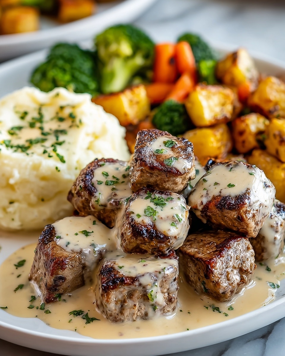 A white plate holds a layered dish with three main parts: in the foreground, there are several browned, grilled bite-sized meat pieces stacked loosely, covered with a creamy beige sauce speckled with herbs and garnished with small green parsley bits; to the left, a mound of smooth, creamy mashed potatoes with small green herb sprinkles and a light drizzle of sauce; in the blurred background, roasted golden-brown cubed potatoes mixed with green broccoli and some orange carrot slices, adding color contrast. The whole dish sits on a white marbled surface. photo taken with an iphone --ar 4:5 --v 7