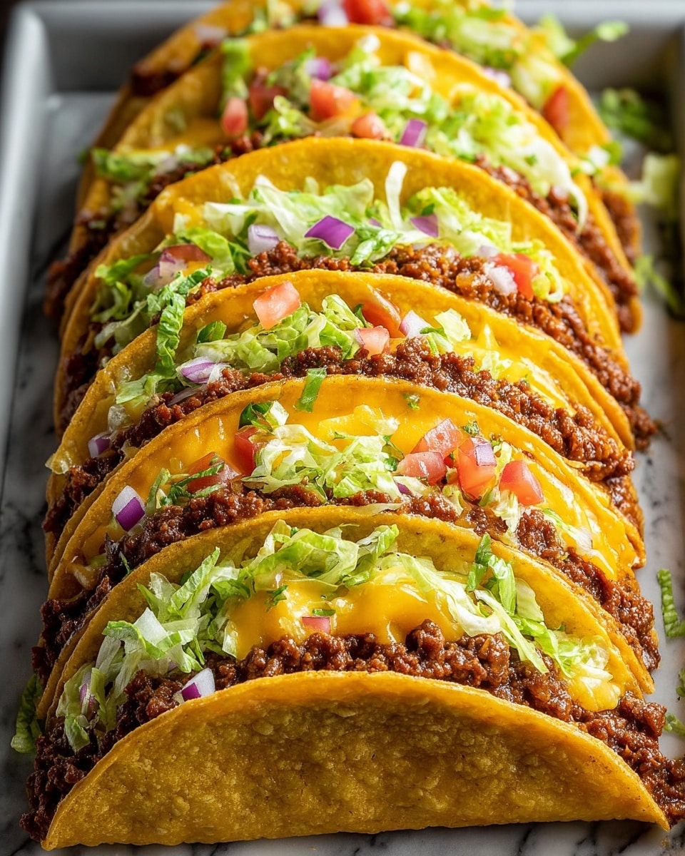 A metal tray filled with two neat rows of seven small golden-brown tacos, each taco folded and stuffed with browned ground meat mixed with melted cheese, topped with finely chopped green herbs and small bits of red tomato, resting on a bed of shredded light green lettuce. Pink pickled onion rings and lime wedges are scattered on top and around the tacos. Around the tray, there are small white bowls containing creamy light orange sauce, green guacamole, and a colorful salsa mix of chopped red tomatoes, onions, and green herbs. The tray sits on a white marbled surface with sprigs of fresh cilantro and a glass of light golden beer nearby, with part of a yellow and white checkered cloth underneath the tray. Photo taken with an iphone --ar 4:5 --v 7