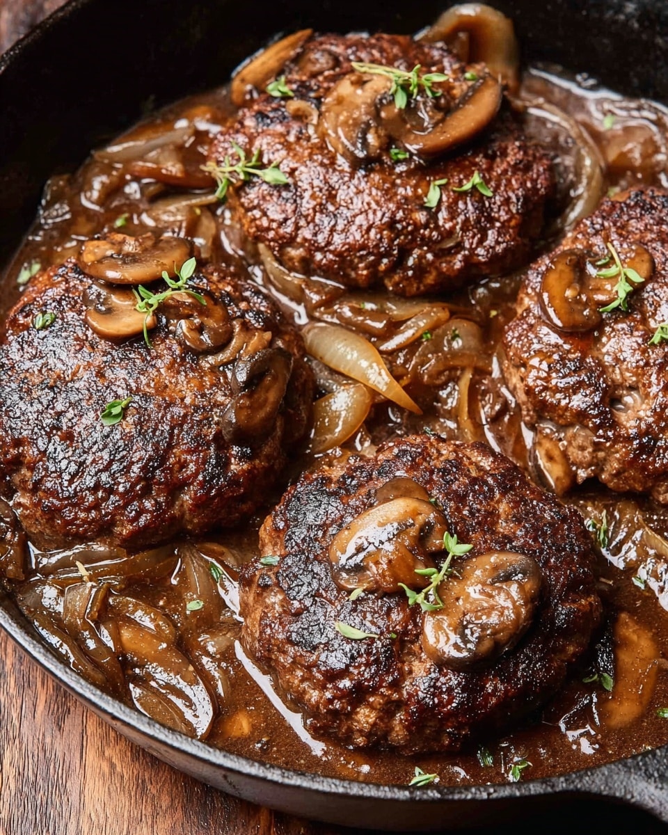 The image shows a round cooked beef patty covered with dark brown mushroom gravy with visible mushroom slices and small bits of onion on top, placed in the center of a white plate. On the left side of the patty, there are several bright green broccoli florets with a slightly rough texture. On the right side, there is a light creamy mound of mashed potatoes with small green herb pieces sprinkled on top. The plate sits on a white marbled surface. Photo taken with an iphone --ar 4:5 --v 7