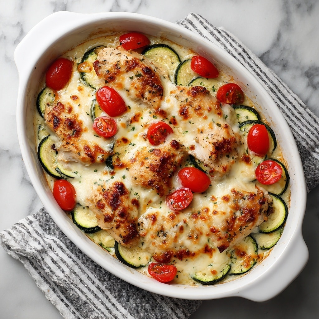 A white oval baking dish filled with a baked meal featuring a bottom layer of round, sliced green zucchini arranged evenly across the base. On top of the zucchini, there are several pieces of cooked chicken breast, covered by a thick layer of melted cheese that is creamy white with hints of golden browning. Scattered on top and around the chicken are small, halved red cherry tomatoes which add bright pops of color. The dish sits on a white marbled surface with a gray and white striped cloth partially visible beneath the dish. photo taken with an iphone --ar 4:5 --v 7
