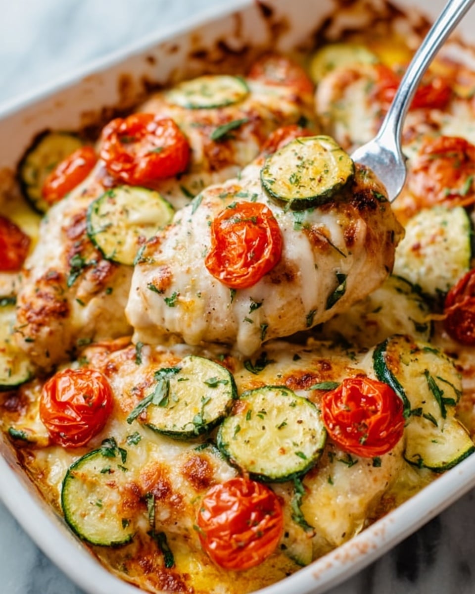 The image shows a close-up of a cooked dish with three large chicken breasts topped with small, round slices of browned cherry tomatoes and thinly sliced zucchini. The chicken is covered with a golden, slightly melted cheese layer that has some brown spots from baking. Fresh chopped green herbs are sprinkled over the top, adding bright color. The dish is in a white baking dish on a white marbled surface, with a woman's hand holding a silver fork lifting a piece of chicken. The textures look juicy and creamy with a baked finish. Photo taken with an iphone --ar 4:5 --v 7