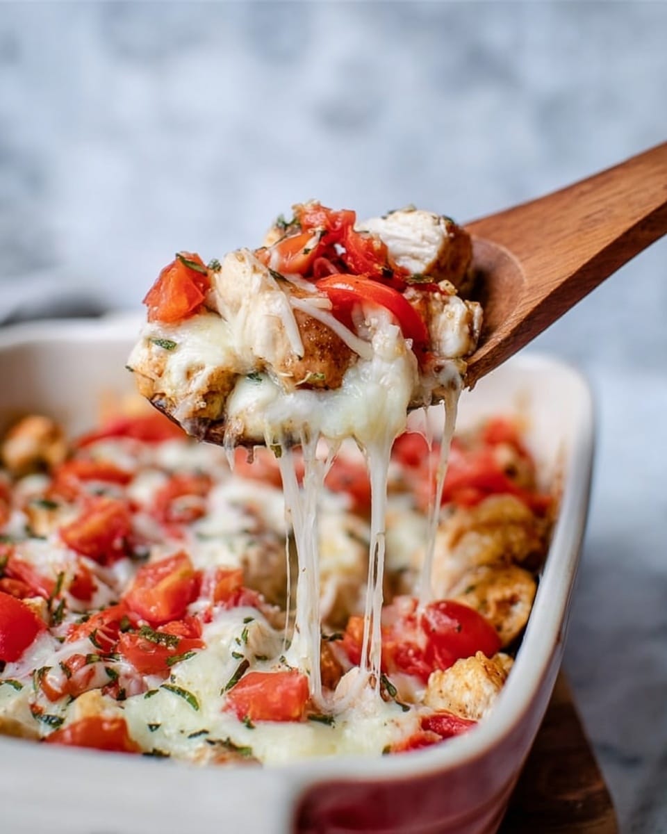 A close-up image of a wooden spoon held by a woman's hand lifting a portion of a cheesy chicken bake from a white casserole dish. The dish has three main layers: a bottom layer of white chicken chunks, a middle layer of melted white cheese stretching as the spoon lifts, and a top layer of vibrant red tomato pieces mixed with small green herb sprinkles. The background shows a white marbled texture, enhancing the warm colors of the dish. photo taken with an iphone --ar 4:5 --v 7