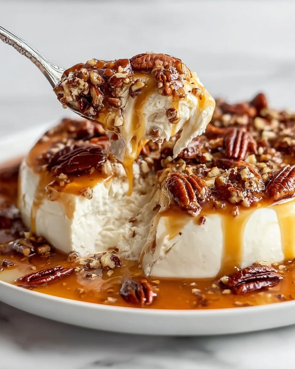A close-up of a creamy white cheese with a smooth and soft texture in a round shape, covered by a layer of glossy amber caramel sauce and topped with whole and chopped dark brown pecans scattered evenly across the top. A spoon is lifting a thick scoop of this cheese mixture, showing its fluffy inside and the caramel dripping down the sides with pecans stuck to it. The whole dish sits on a white plate placed on a white marbled surface, creating a clean and bright setting. Photo taken with an iphone --ar 4:5 --v 7