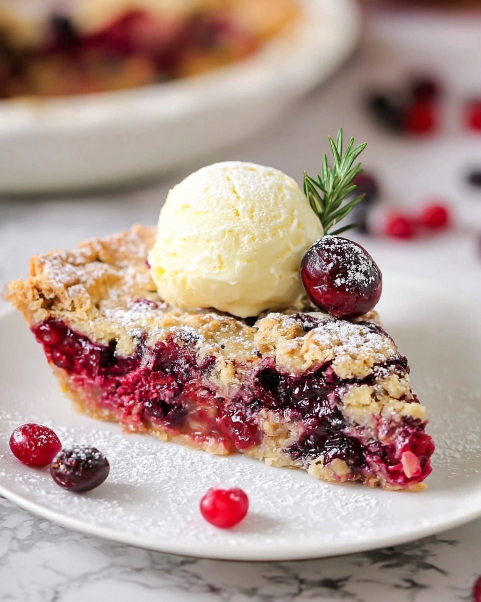 A slice of berry dessert on a white plate sits on a white marbled surface, featuring three main layers: a golden, cracked crust on top, a thick, juicy red and purple berry filling in the middle, and a slightly crumbly base. The slice is dusted lightly with powdered sugar, with a scoop of creamy pale yellow ice cream placed centrally on top. A dark red berry and a small sprig of green rosemary rest next to the ice cream, adding contrast. Scattered red and dark red berries surround the plate, with a blurred dessert dish in the background. Photo taken with an iphone --ar 4:5 --v 7