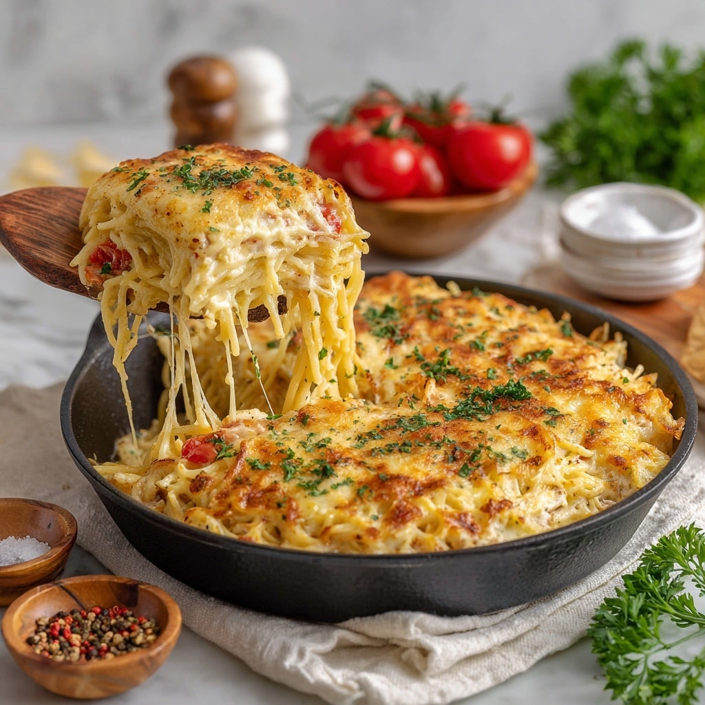 A silver skillet filled with creamy baked spaghetti layered with melted golden-yellow cheese on top, scattered with green chopped parsley and small bits of red tomato. The bottom layer shows pale spaghetti mixed with white creamy sauce and pieces of chicken and tomato. A wooden spoon lifts a portion from the skillet, revealing soft spaghetti strands and chunky ingredients underneath the cheesy surface. The skillet sits on a white cloth on a white marbled texture background, next to small white bowls containing coarse salt, black pepper, and red chili flakes, with cherry tomatoes on the vine and green parsley leaves nearby. Photo taken with an iphone --ar 4:5 --v 7