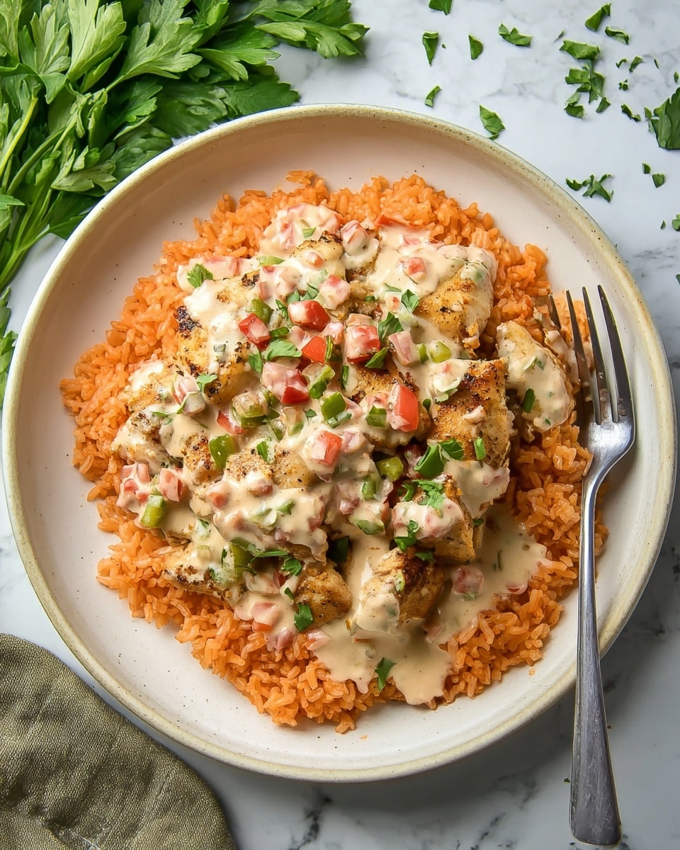 The dish shows two main layers on a white round plate placed on a white marbled surface. The bottom layer is bright orange, fluffy rice, spread evenly across the plate, creating a thick base. The top layer consists of golden-brown grilled chicken pieces, placed over the rice, covered generously with a creamy pale beige sauce mixed with small chunks of red and green vegetables. Small green herb leaves are sprinkled over the sauce, adding a fresh look. There is a metal fork on the right side of the plate, and fresh green herbs sit on the left side on the white marbled surface. Photo taken with an iphone --ar 4:5 --v 7