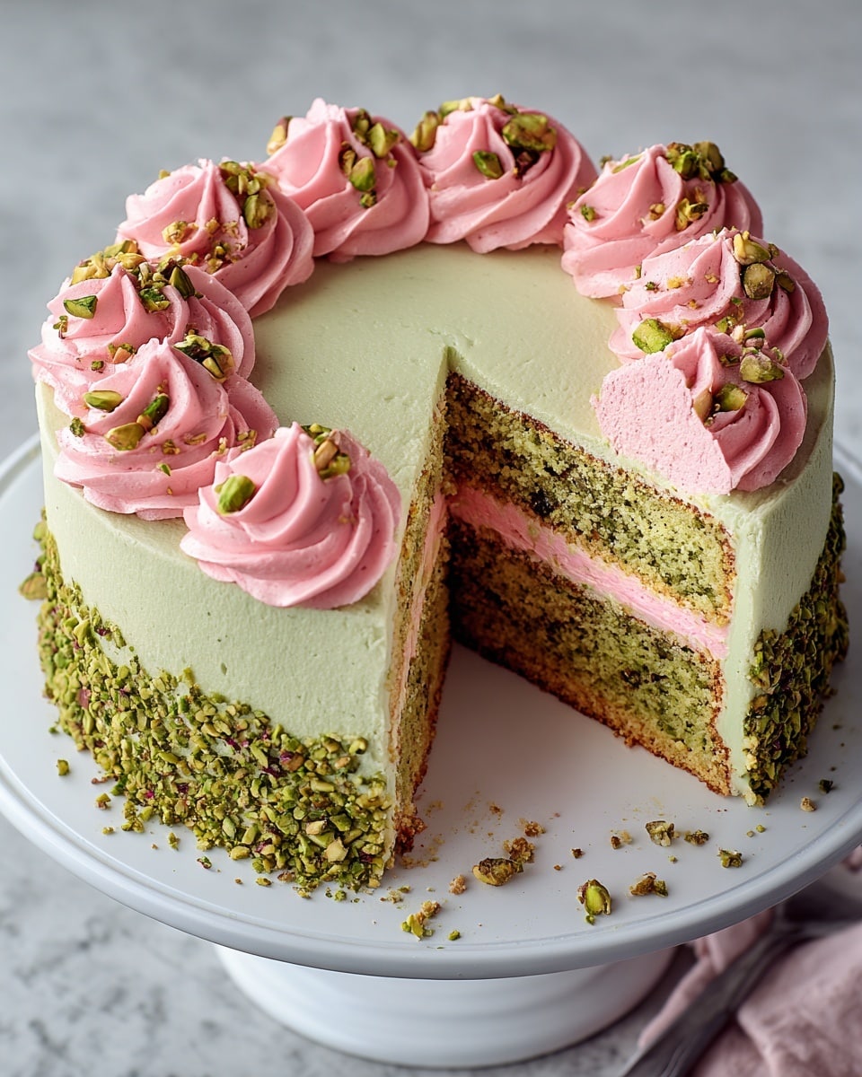 A square, two-layer green cake with light pink frosting between and on top, resting on white parchment paper on a white marbled surface; the pink frosting on top is decorated with whole and crushed pink and green pistachios scattered unevenly, showing a soft and moist texture for the cake layers and a creamy texture for the frosting, photo taken with an iphone --ar 4:5 --v 7