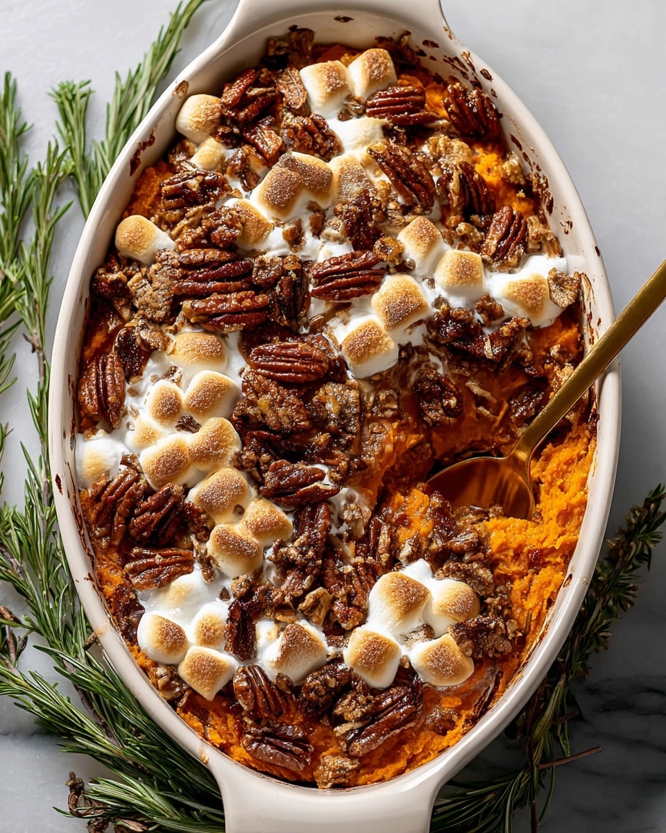 The image shows a white plate with a two-layer dessert. The bottom layer is a thick, soft, orange-colored sweet potato mash with a slightly rough texture. On top, there is a layer of white melted marshmallows, creamy and slightly melted into the sweet potatoes. A silver spoon rests on the right side of the plate, partially inside the dish. Next to the plate, there is a small white bowl filled with whole marshmallows. The plate is set on a white marbled surface with a large white baking dish with more sweet potato mash and melted marshmallows visible in the background. Photo taken with an iphone --ar 4:5 --v 7