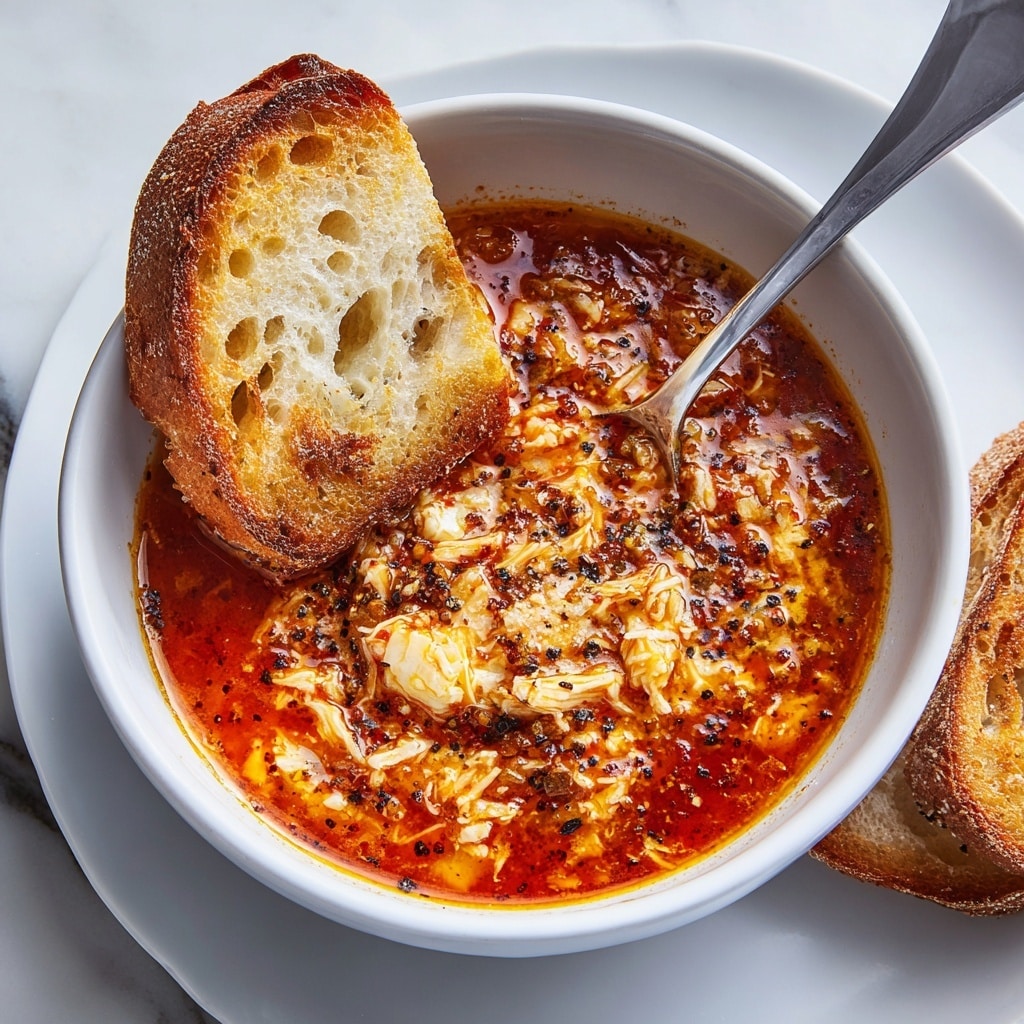 A white bowl filled with a creamy orange soup topped with small pieces of white cheese and finely chopped green herbs, giving it a fresh touch. The surface of the soup is smooth with tiny bubbles and a few specks of black pepper scattered on top. One toasted golden brown slice of bread with a crunchy texture leans against the inside edge of the bowl, showing its airy and porous crumb. Another piece of toasted bread lies partly visible near the bowl on a white marbled surface. photo taken with an iphone --ar 4:5 --v 7