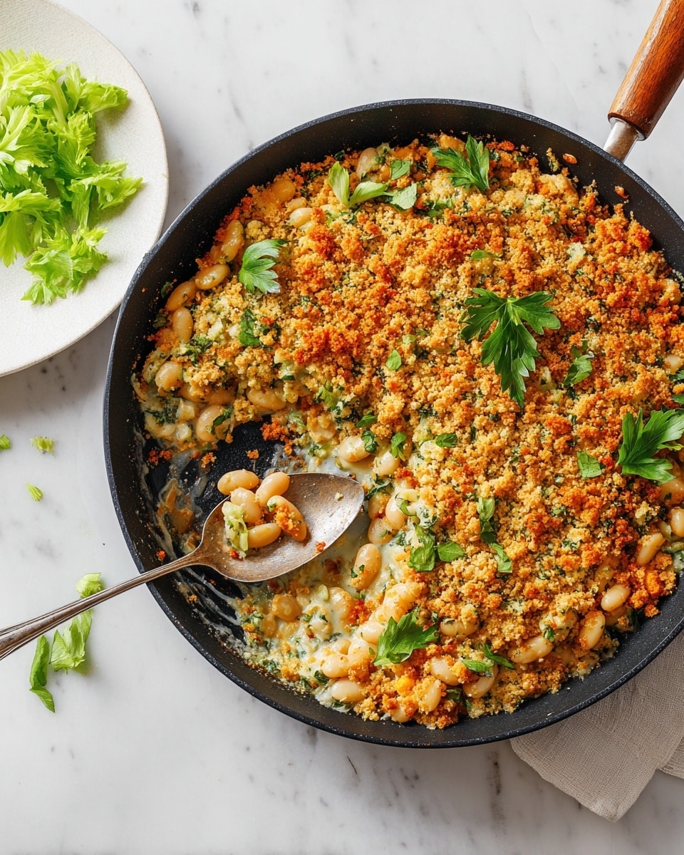 In a black skillet with a wooden handle, there is a baked dish with three layers: the bottom layer has white beans mixed with small orange pieces, the middle layer looks like melted cheese with some green herbs, and the top layer is a crunchy golden brown crumb topping sprinkled unevenly. There are fresh green celery leaves scattered on top, adding bright green color. A silver spoon is resting inside the skillet, scooping some of the dish. To the side, there is a white plate with a few green celery leaves on a white marbled surface. photo taken with an iphone --ar 4:5 --v 7