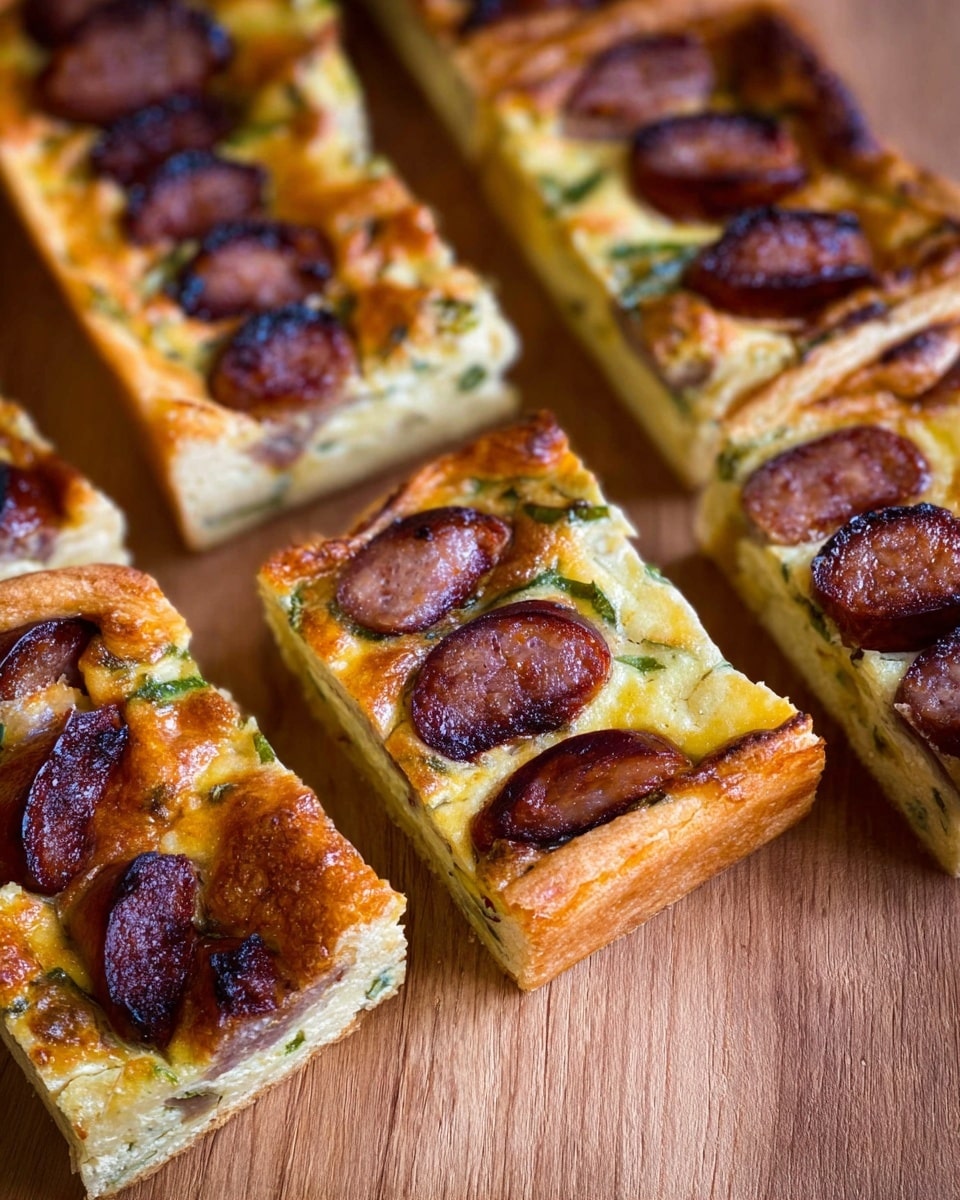 The image shows several thick slices of savory bread arranged on a light wooden board set on a white marbled surface. Each slice has a fluffy white bread base with a golden brown crust and is topped with a layer of melted yellow cheese and bits of green herbs. On top of the cheese layer, there are evenly spaced slices of browned sausage, creating a textured and colorful topping. The image captures the warm, inviting texture of the bread and cheese, with crisp edges and soft interior visible. In the blurred background, a white bowl with blueberries and a glass of bright orange juice add fresh color contrast. Photo taken with an iphone --ar 4:5 --v 7