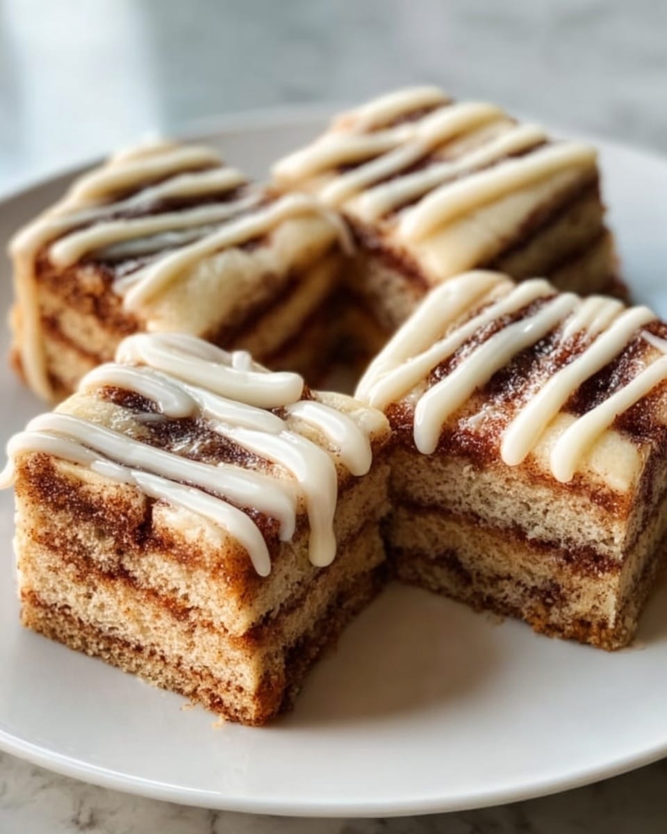 The image shows four square slices of cinnamon roll cake placed close together on a white plate. Each slice has three visible layers: the bottom and top layers are a light brown cake with a soft, slightly crumbly texture, and the middle layer is darker brown with a rich cinnamon filling. The tops of the slices are drizzled with creamy white icing in thick, even lines running from one side to the other. The plate is set on a white marbled surface with soft light reflecting gently, giving the dish a warm and inviting look. photo taken with an iphone --ar 4:5 --v 7