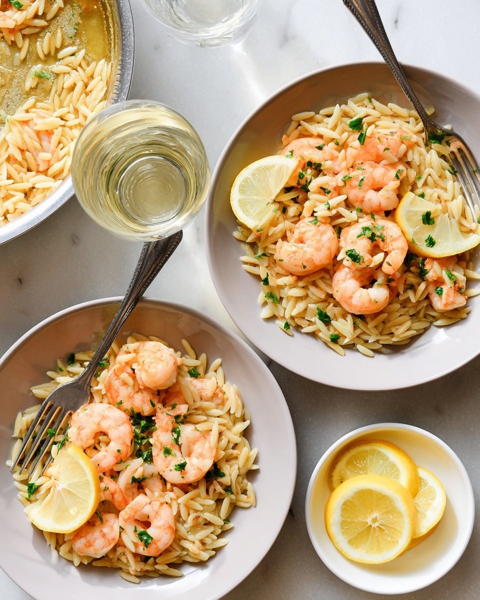 The image shows two white bowls each filled with a base layer of light golden orzo pasta, arranged evenly and slightly glossy from olive oil. On top of the pasta, there are several plump, pink shrimp, cooked and placed in a scattered pattern, garnished with small pieces of green chopped parsley. Each bowl also contains a lemon wedge positioned near the shrimp and pasta. Two silver forks rest inside the bowls, one in each, with their handles partially visible. To the side, there is a clear glass filled with light yellow white wine and a white bowl containing three lemon wedges on a white marbled surface. The overall look is fresh and simple with a soft natural light highlighting the colors and textures. photo taken with an iphone --ar 4:5 --v 7