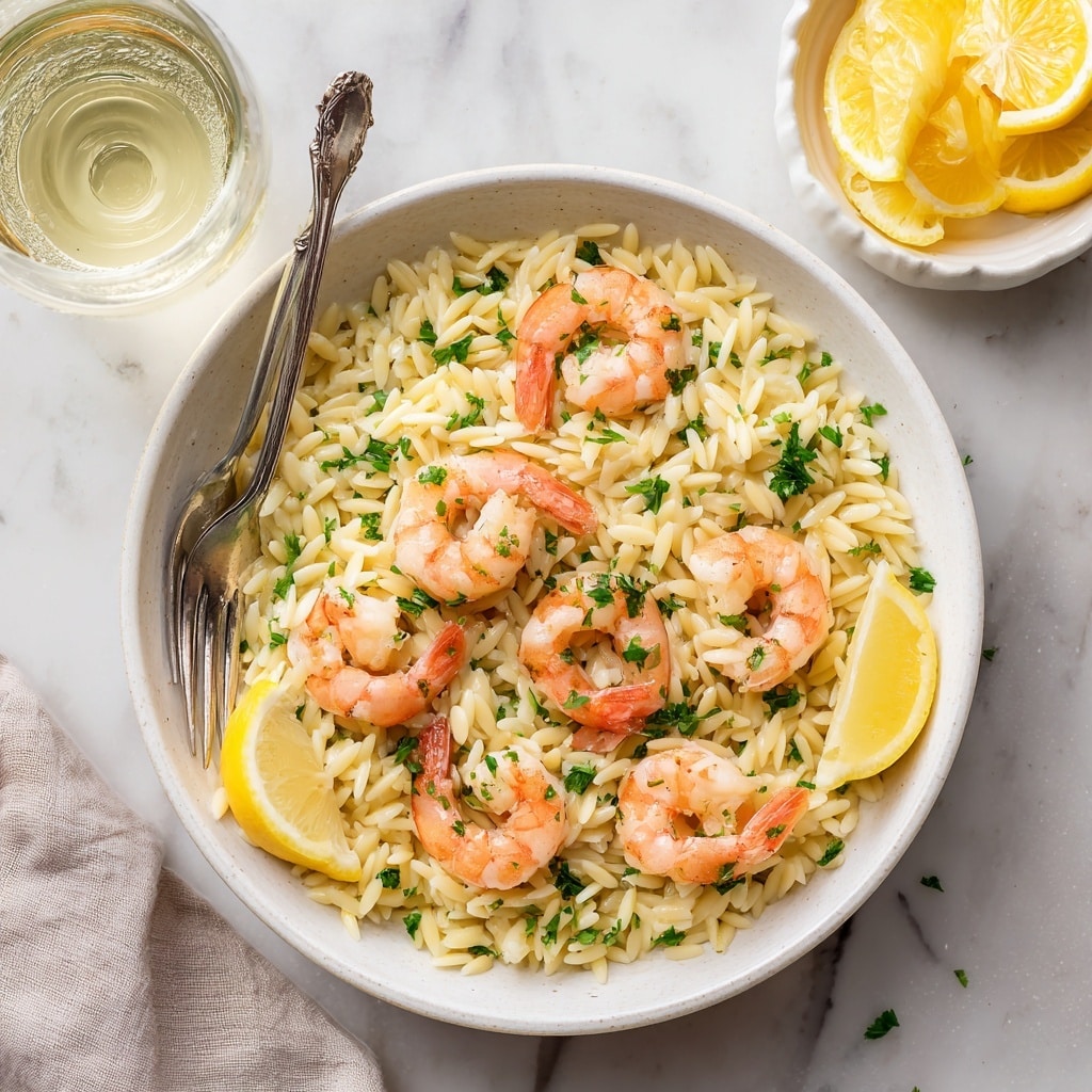 A white pan filled with a layered dish starting with a base of light brown rice mixed with small green herbs. On top, there are many cooked shrimp scattered around, pink with white stripes and curled in shape. Lemon wedges with bright yellow color sit on the edges of the pan, adding a fresh look. The dish is garnished with small chopped green herbs sprinkled over everything, giving it a fresh touch. A silver spoon rests inside the pan. The background is a white marbled texture. photo taken with an iphone --ar 4:5 --v 7