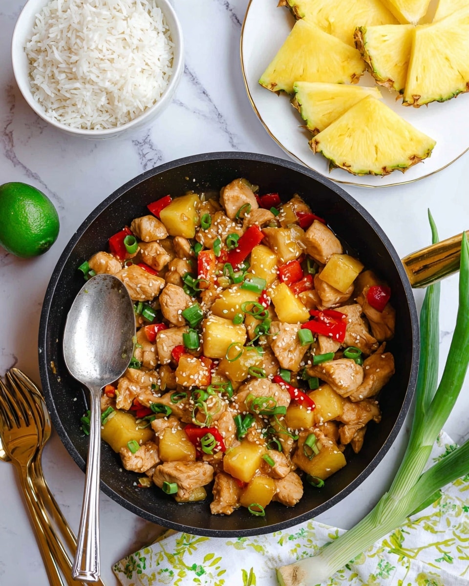 A white plate holds a base layer of white cooked rice with a soft texture. On top, there is a mix of diced light brown chicken pieces and bright yellow pineapple chunks, along with small red bell pepper pieces scattered evenly. The dish is garnished with small green chopped scallions and sprinkled with white sesame seeds. Two triangular yellow pineapple slices with green edges rest at the back of the plate, adding color contrast. A gold fork is placed on the side of the plate. The setting is on a white marbled surface with green leaves and a white bowl of white rice in the background. photo taken with an iphone --ar 4:5 --v 7