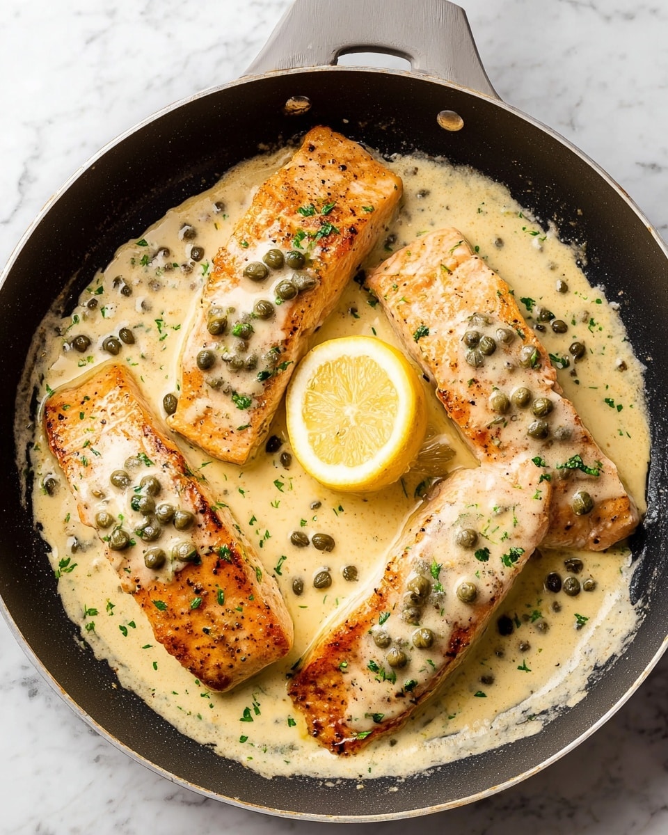 Four pieces of cooked salmon fillets are placed side by side on a white plate, each topped with chopped green herbs and small, dark green capers. The salmon is a light orange-pink color with a slightly crispy, golden-brown surface. The plate is filled with a creamy light yellow sauce that has visible herbs mixed in, surrounding the salmon. A silver fork is holding a flake of the salmon near the bottom right of the plate. In the background to the left, a white bowl holds lemon wedges. The plate is set on a white marbled surface. Photo taken with an iphone --ar 4:5 --v 7