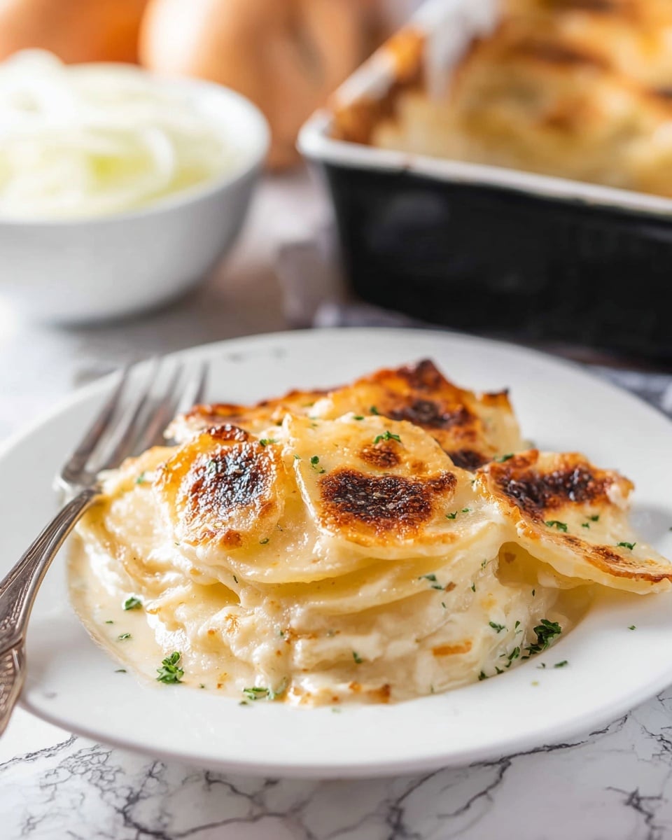 The image shows a white plate with a serving of scalloped potatoes, featuring several layers of thinly sliced potatoes stacked and covered by a creamy, golden-brown cheese sauce on top. The top layer is slightly crispy with dark brown spots and scattered green herbs. A silver fork rests on the left edge of the plate. In the blurred background, a white bowl with sliced onions and a black baking dish filled with more scalloped potatoes sit on a surface with a white marbled texture. Photo taken with an iphone --ar 4:5 --v 7