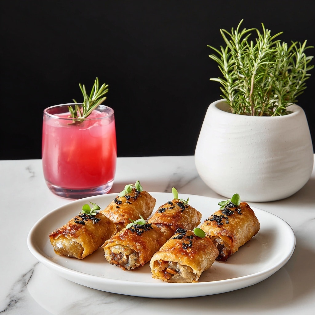 Seven rolled pastry sticks with crispy golden-yellow wrappers and dark brown spots are tied at both ends and placed on a small wooden board. Each stick is sprinkled with small black seeds and garnished with fresh green rosemary sprigs, with a few more rosemary leaves scattered around the board on a black surface. To the left, a round clear glass holds a bright pink drink filled with white ice cubes and another rosemary sprig. To the right side, there is a white pot with fresh green rosemary details. The entire scene is set on a white marbled surface. Photo taken with an iphone --ar 4:5 --v 7