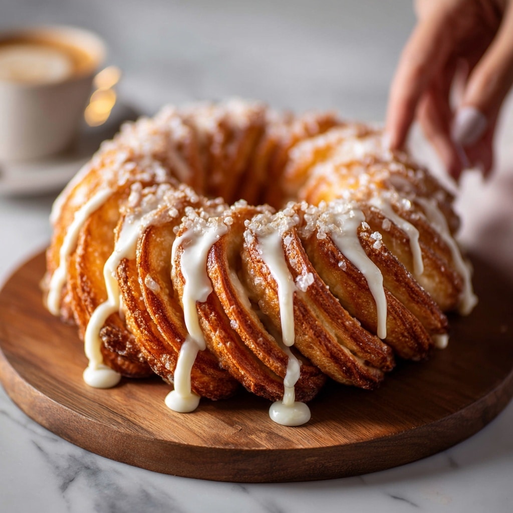 A round pastry with thick, golden-brown braided layers forming a ring shape is shown on a wooden cutting board over a white marbled surface. The pastry's braided strips are glossy and slightly crisp, while the inside shows a soft, light beige filling with visible chunks of cooked apples. A light dusting of powdered sugar covers the top of the braid, adding a delicate white contrast. The photo captures the texture of both the flaky crust and soft filling up close. Photo taken with an iphone --ar 4:5 --v 7