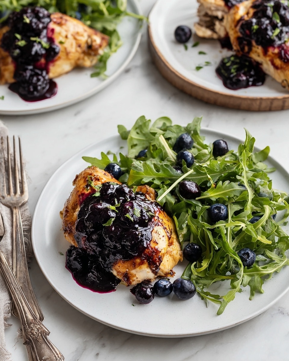 In a close-up view, three golden-brown chicken breasts sit in a metal pan, each piece showing a crispy, well-cooked surface with charred edges and pepper seasoning. On top of the chicken, a dark purple sauce with whole blueberries is being poured from a glass container, the sauce thick and glossy, covering the center chicken breast generously. The blueberries, shiny and plump, are scattered across the chicken and in the pan, garnished with small green herb leaves, all resting against the metal pan's warm-toned background. The scene is set on a white marbled texture. photo taken with an iphone --ar 4:5 --v 7