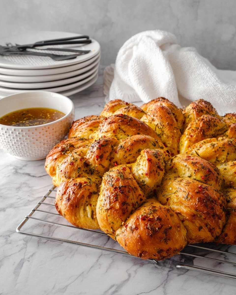 Several golden brown bread rolls with a shiny, slightly crispy crust if shown on a white plate. The bread is twisted or braided with a soft, fluffy white inside that looks very light. The top of the bread is sprinkled with green herbs, adding texture and color. In the background, more bread rests on a black cooling rack, and two stacked white bowls sit calmly. A soft white cloth is partly under the plate, all placed on a white marbled surface with a gentle, neutral gray wall behind. photo taken with an iphone --ar 4:5 --v 7