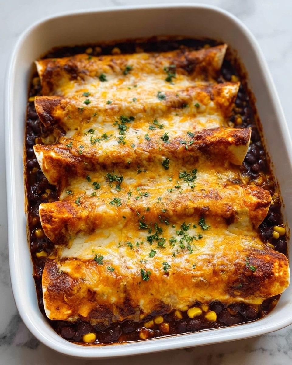 A white rectangular baking dish holds three rolled enchiladas laid side by side, each covered with a golden melted cheese layer that has a slightly crispy, browned texture on top. Below the tortillas, a dark, thick sauce mixed with black beans and bright yellow corn fills the bottom, peeking out from beneath the edges. Small green specks of herbs are sprinkled over the cheese, adding a touch of color. The dish sits on a white marbled surface, and the photo is taken at close range, showing the textures and colors vividly. photo taken with an iphone --ar 4:5 --v 7