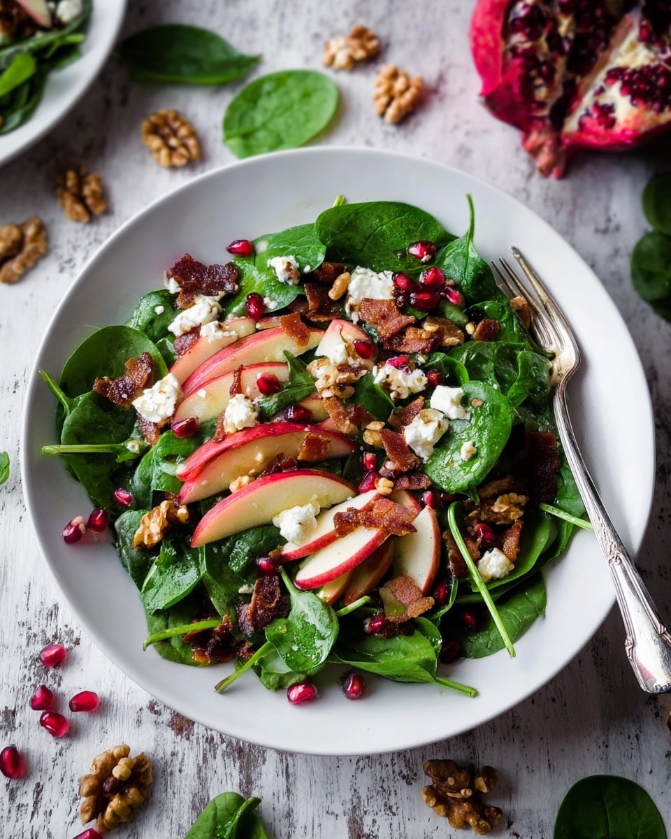 The image shows a white plate filled with a fresh salad made of multiple layers. The bottom layer is dark green spinach leaves spread evenly across the plate. On top of that, there are thin slices of red and white apple arranged in a scattered way. Next, light brown walnut pieces are placed evenly, giving a textured look. There are also small dark red pomegranate seeds sprinkled over the salad. White chunks of creamy cheese are spread evenly for contrast. Pieces of cooked bacon with a slightly crispy, reddish-brown color are also scattered on the salad. Everything is shown on a white marbled surface, with a fork resting on the edge of the plate in the background. photo taken with an iphone --ar 4:5 --v 7