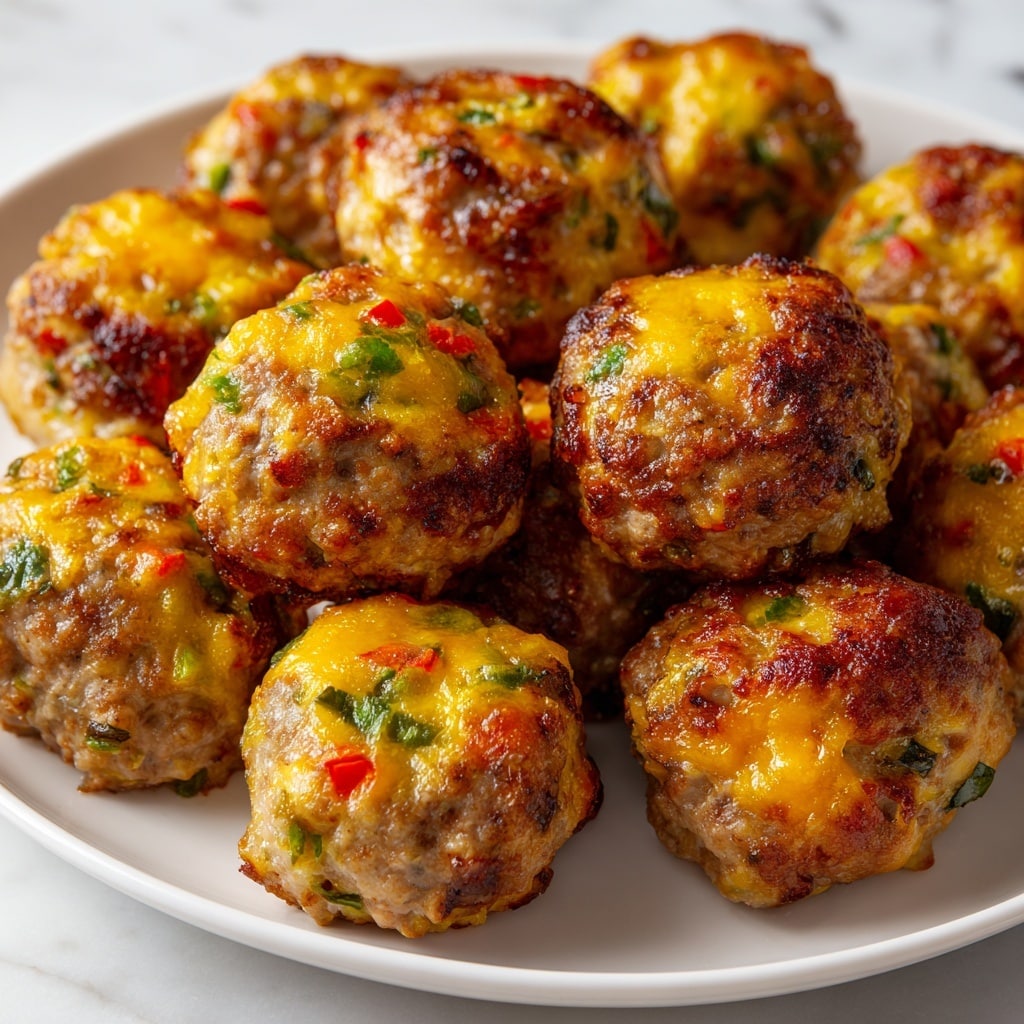 The image shows a tray of small, round meatballs with a rough texture, each topped with a layer of melted yellow cheese and bits of red and green vegetables, giving a colorful and slightly uneven surface. They are arranged closely together on a white tray, which sits on a white marbled surface. The meatballs have a brown and golden tone from cooking, and some cheese has browned slightly on top, adding a crispy look. photo taken with an iphone --ar 4:5 --v 7