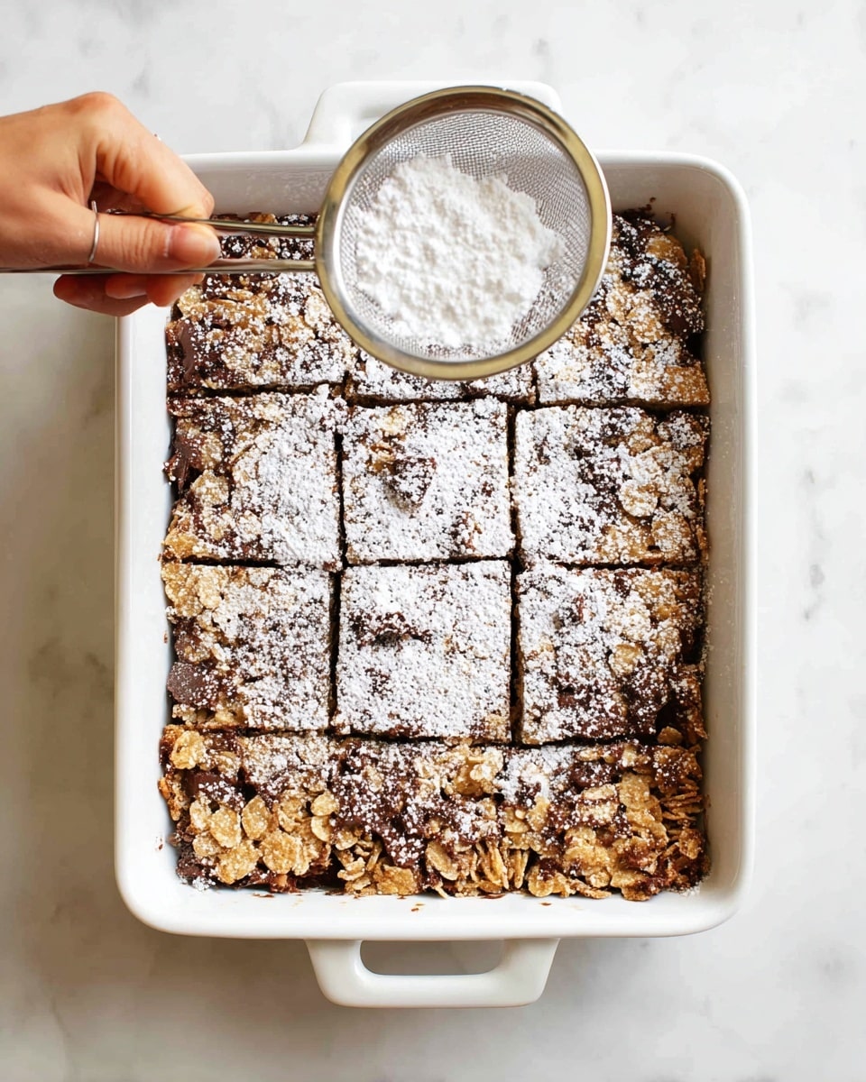 A white rectangular baking dish contains a crispy layered dessert cut into nine squares, with a rough texture made mostly of crushed cereal pieces mixed with melted chocolate forming the bottom and middle layers. The top layer is dusted with powdered sugar, being gradually added by a woman's hand holding a metal sieve filled with the white powder above the dish. The dessert has a golden brown and light tan color showing from the cereal, with uneven chocolate patches throughout. The whole scene is set on a white marbled surface. photo taken with an iphone --ar 4:5 --v 7