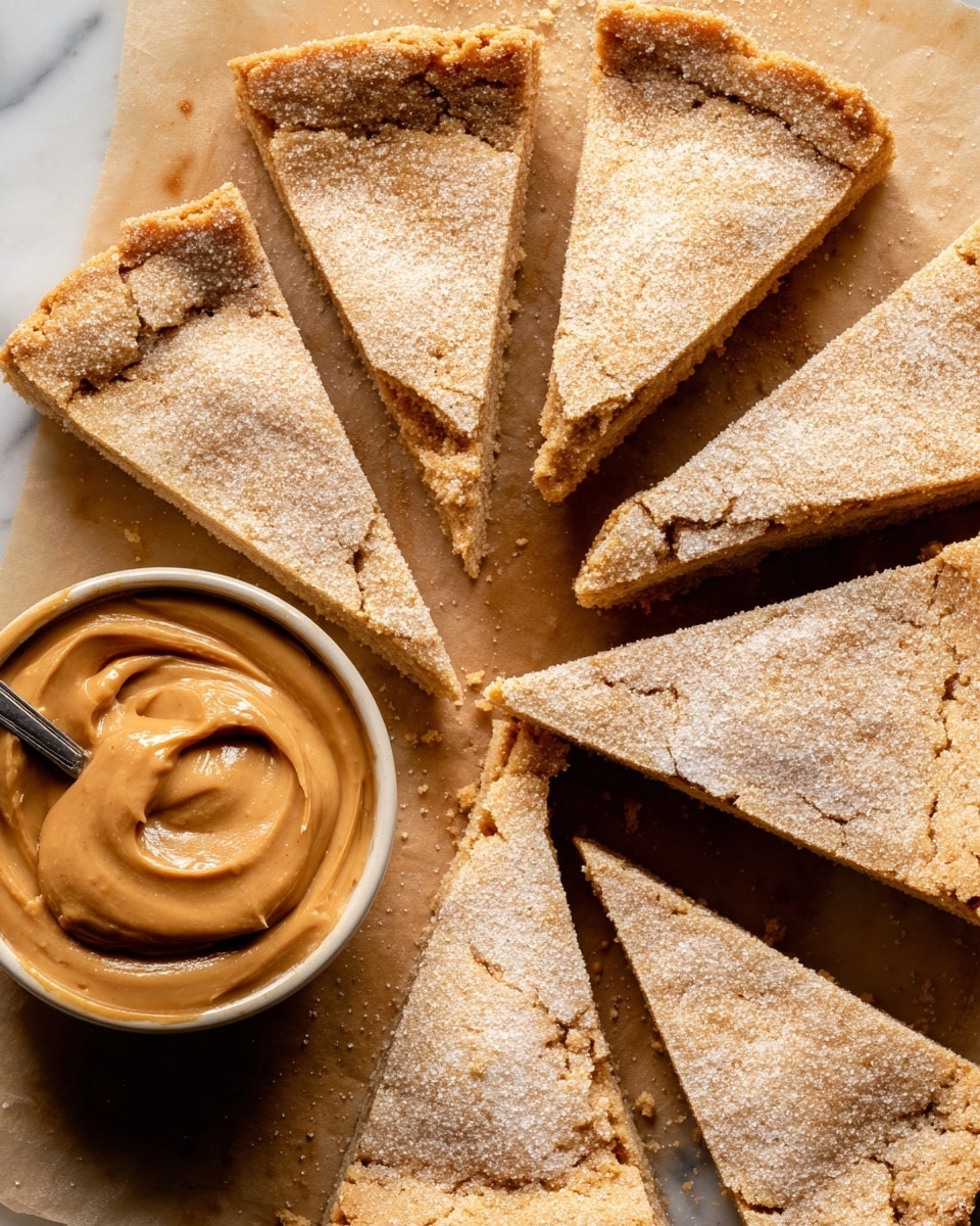 A round, lightly golden-brown baked tart is cut into eight slices, with a sugar-coated top layer that gives a slightly sparkling texture; the crust is thick and crumbly with small holes pressed into the surface, and the tart rests on crinkled brown parchment paper. In the background, there is a white bowl filled with smooth, creamy, light brown peanut butter, creating a contrast with the tart. The whole scene is set on a white marbled texture surface. photo taken with an iphone --ar 4:5 --v 7