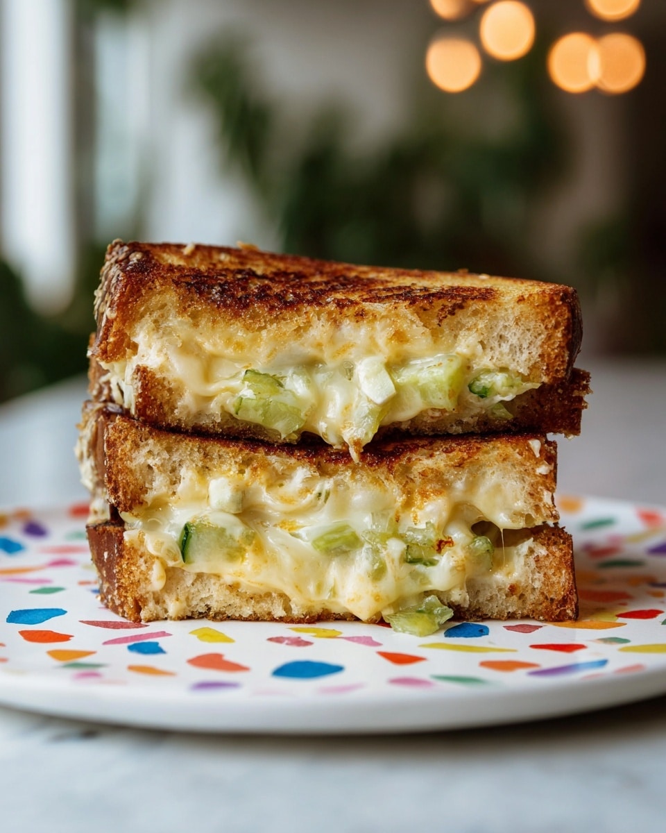 A grilled cheese sandwich cut in half and stacked, showing three main layers: the crispy golden brown crust with a rough texture on the outside, a thick middle layer of melted creamy cheese that is softly oozing out, and chunks of light green vegetable pieces inside the cheese. It sits on a white plate with a colorful confetti pattern. The background is a soft white marbled texture with blurred indoor light. Photo taken with an iphone --ar 4:5 --v 7