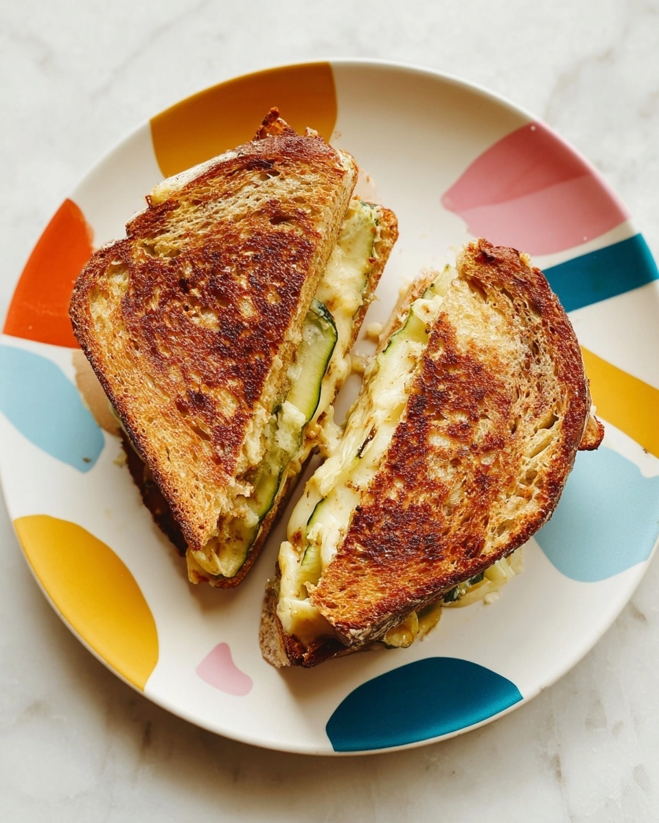 A toasted sandwich cut diagonally into two halves rests on a white plate with colorful abstract shapes in blue, orange, yellow, and pink. The sandwich has two layers of golden brown, crispy bread with a textured crust, and between the slices is melted cheese mingled with thin green vegetable slices, likely zucchini. The melted cheese is soft, slightly browned at the edges, and oozing out slightly, giving a rich, gooey texture. The sandwich is placed on a white marbled surface. photo taken with an iphone --ar 4:5 --v 7