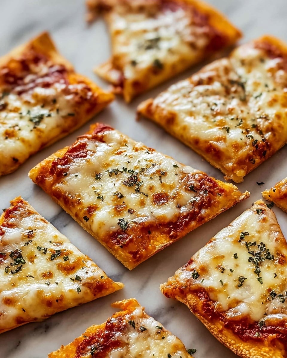 The image shows a close-up of small pizza slices arranged neatly on a white marbled surface. Each slice has a golden brown crust with slightly puffed edges, topped with melted cheese that has a creamy white and light yellow color. There are visible bits of tomato sauce underneath the cheese giving a red hue, and small green herbs sprinkled evenly across the top, adding texture and color contrast. The cheese looks smooth and slightly bubbly, while the crust has a crisp and soft texture. photo taken with an iphone --ar 4:5 --v 7