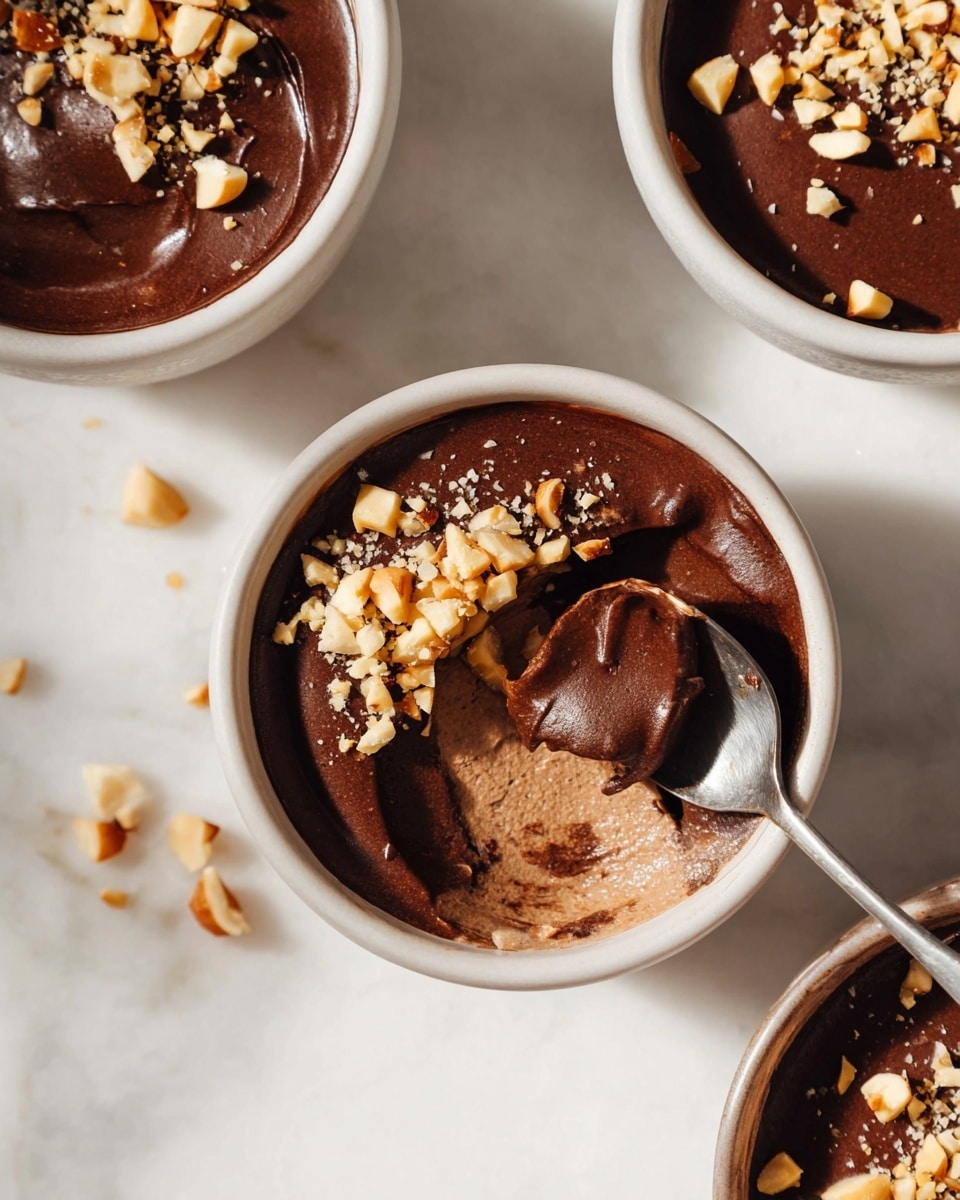 The image shows three white bowls filled with a rich, dark chocolate mousse topped with chopped light brown nuts, placed on a white marbled surface. One bowl is in the center and has been partially eaten with a silver spoon revealing a creamy, light brown layer underneath the dark smooth chocolate top. The mousse has a glossy texture with small nut pieces scattered on top and around the bowls on the surface. The lighting creates soft shadows, adding depth to the layers and the texture of the mousse and nuts. Photo taken with an iphone --ar 4:5 --v 7