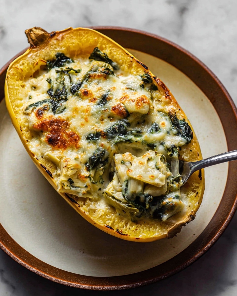 A baked dish is shown with a half spaghetti squash as the base, its bright yellow shell forming the outer layer. Inside, there is a creamy, cheesy topping mixed with wilted dark green leafy vegetables and chunks of artichoke hearts, covered with a browned melted cheese layer that has some golden spots. The dish is placed on a white plate with a brown rim, which sits on a white marbled surface. A spoon is partially visible on the right side, scooping some of the cheesy mixture. The texture looks rich and gooey with a mix of smooth and leafy elements. photo taken with an iphone --ar 4:5 --v 7