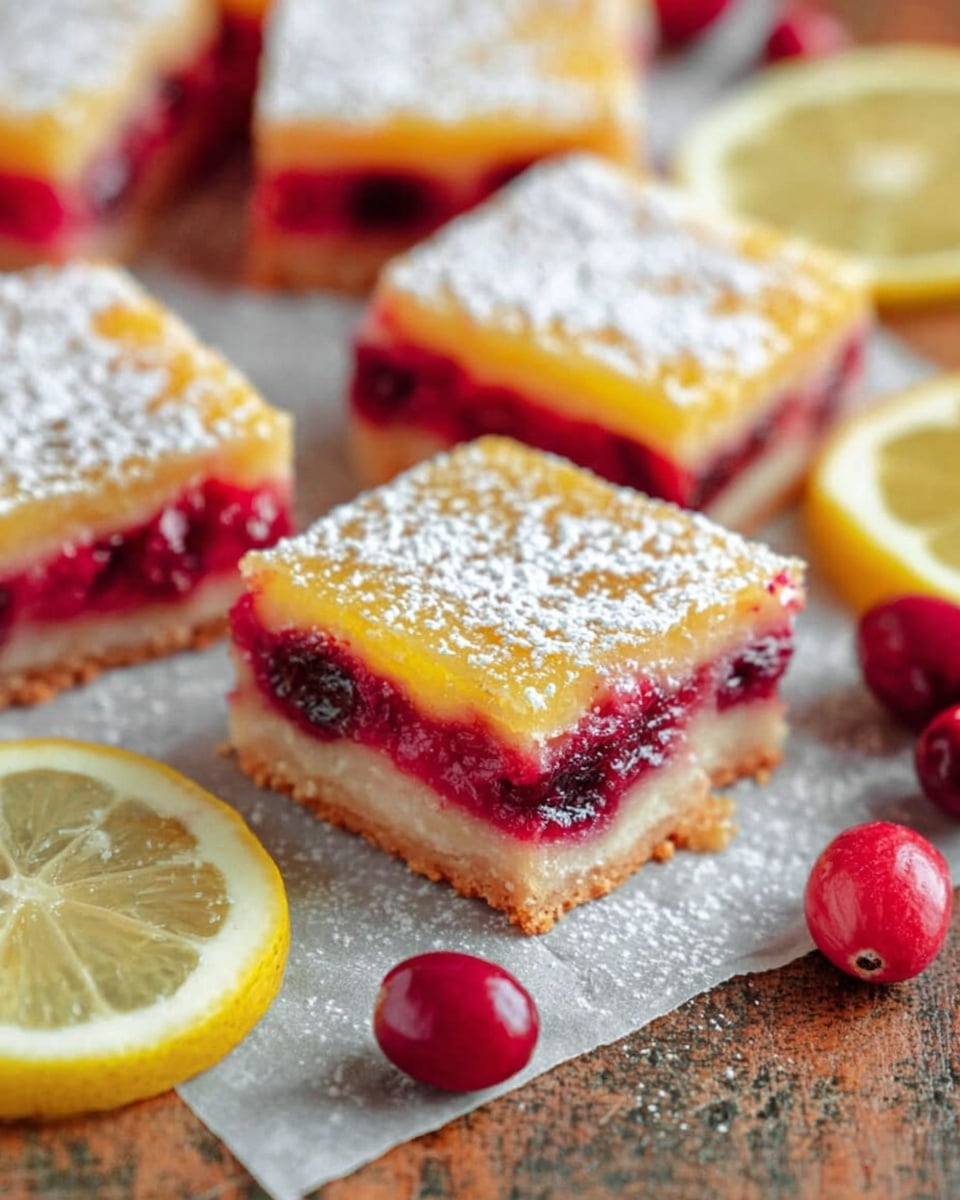 A close-up view of square lemon cranberry bars cut evenly into pieces, each showing three layers: a light golden crust at the bottom, a bright red cranberry filling in the middle with visible whole cranberries, and a smooth, glossy yellow lemon layer on top, sprinkled with powdered sugar giving a soft white dusted texture. The bars rest on slightly stained parchment paper, placed on a wooden surface that is changed to a white marbled texture. Fresh whole cranberries and lemon halves with a soft yellow inside surround the bars, enhancing the fresh feel of the dessert. photo taken with an iphone --ar 4:5 --v 7