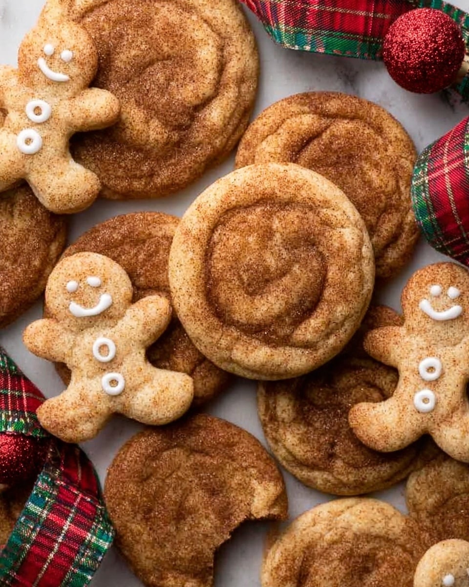 The image shows a group of round snickerdoodle cookies that are light brown with darker cinnamon sugar swirls on top. One cookie is slightly different, with a bite taken out of it, revealing a soft, chewy texture inside. Among the cookies are small gingerbread men decorated with white icing for eyes, buttons, and smiles. There is also a red and green plaid ribbon and two small red glittery ornaments, all set on a white marbled surface that adds a clean and fresh look to the warm tones of the cookies. photo taken with an iphone --ar 4:5 --v 7
