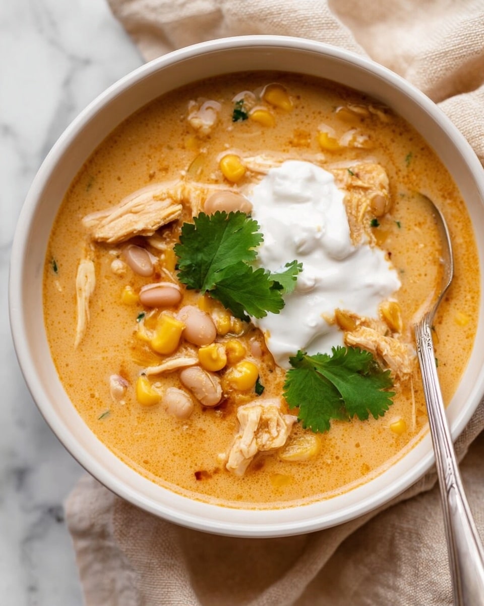 The image shows a close-up top view of a rich, creamy soup inside a black slow cooker. The soup has several layers: at the bottom, shredded white chicken with soft texture, mixed with yellow corn kernels, light pink beans, and small green jalapeños scattered evenly throughout. The broth is orange-brown with a creamy swirl of white sour cream, creating a marbled effect on top. Four light yellow cubes of cream cheese sit in the center, starting to melt. A light brown wooden spoon is placed at the right edge, partially submerged in the soup. The slow cooker rests on a white marbled surface. Photo taken with an iphone --ar 4:5 --v 7
