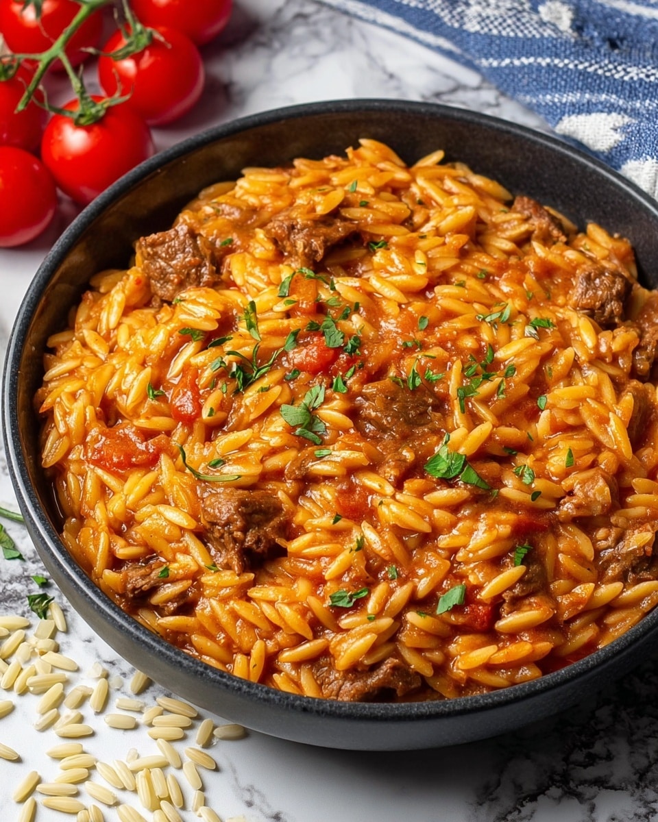 A black bowl filled with a rich, orange-colored rice dish with visible small pieces of meat mixed evenly throughout, garnished with small green herb bits. The bowl sits on a white marbled surface with scattered raw rice grains around it. Behind the bowl, there is a bunch of bright red cherry tomatoes still on the vine, adding a fresh contrast to the warm colors of the dish. A folded blue and white cloth is placed under the bowl slightly to the side. Photo taken with an iphone --ar 4:5 --v 7