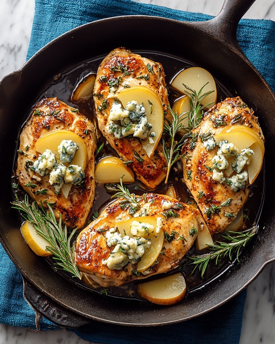 Two cooked chicken breasts sit on a white plate, each topped with a layer of bright green cooked spinach, melted creamy blue cheese with white and blue mold spots, and a grilled golden-yellow pear slice. The chicken is golden brown with a slightly crispy, seasoned surface. A light sauce surrounds the chicken on the plate. The plate rests on a white marbled texture. photo taken with an iphone --ar 4:5 --v 7