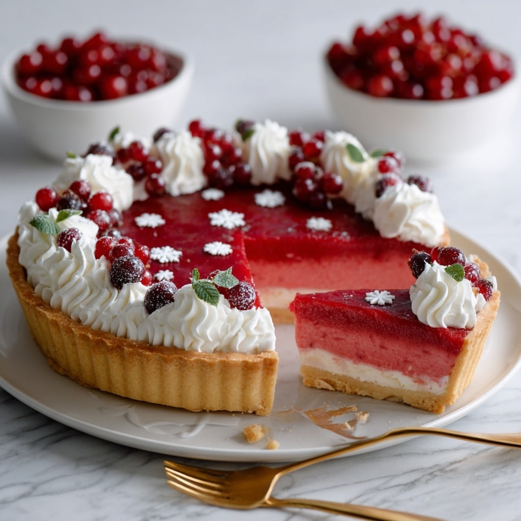 A tart with a light golden crust forms the base layer, filled with a smooth, bright red layer of jelly or fruit filling. On top, dollops of white whipped cream are arranged in a circle near the crust edge, interspersed with clusters of glossy red currants and sugared blackberries for texture and contrast. Green frosted herb sprigs are placed between the cream and fruit for decoration, and small white snowflake-shaped sprinkles are scattered across the red filling. Around the tart, small white bowls hold more red currants and sugared blackberries, set on a white marbled surface with some loose fruit pieces scattered around. Photo taken with an iphone --ar 4:5 --v 7