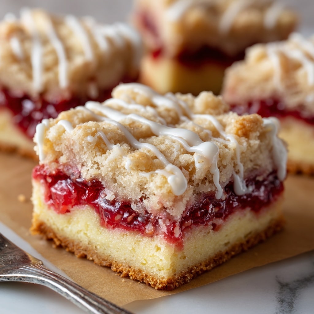 The image shows a close-up of a square piece of pastry with a golden brown base layer that looks soft and crumbly. On top of this base is a thick, glossy layer of bright red jam that is slightly shiny and uneven, spread generously over the pastry. Scattered over the jam are small pieces of light beige, slightly textured dough. A thin drizzle of white icing covers parts of the jam and dough pieces, giving a smooth, glossy finish. The pastry is on a light brown parchment paper surface with more similar pastries blurred in the background, all set against a white marbled texture. photo taken with an iphone --ar 4:5 --v 7