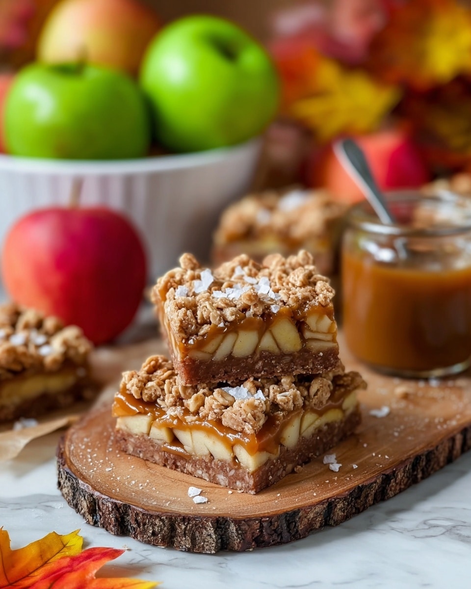 The image shows two stacked apple crumble bars on a round wooden board with visible bark edges; each bar has three layers – a firm brown base, a middle layer with thick apple slices covered in golden caramel sauce, and a top layer of crumbly, textured oat streusel sprinkled with small white sea salt flakes. In the background, there is a white bowl filled with whole shiny green and red apples, and a clear glass jar of caramel sauce with a silver spoon inside. The scene is set on a white marbled surface with blurred colorful autumn leaves adding warm tones around the edges. photo taken with an iphone --ar 4:5 --v 7