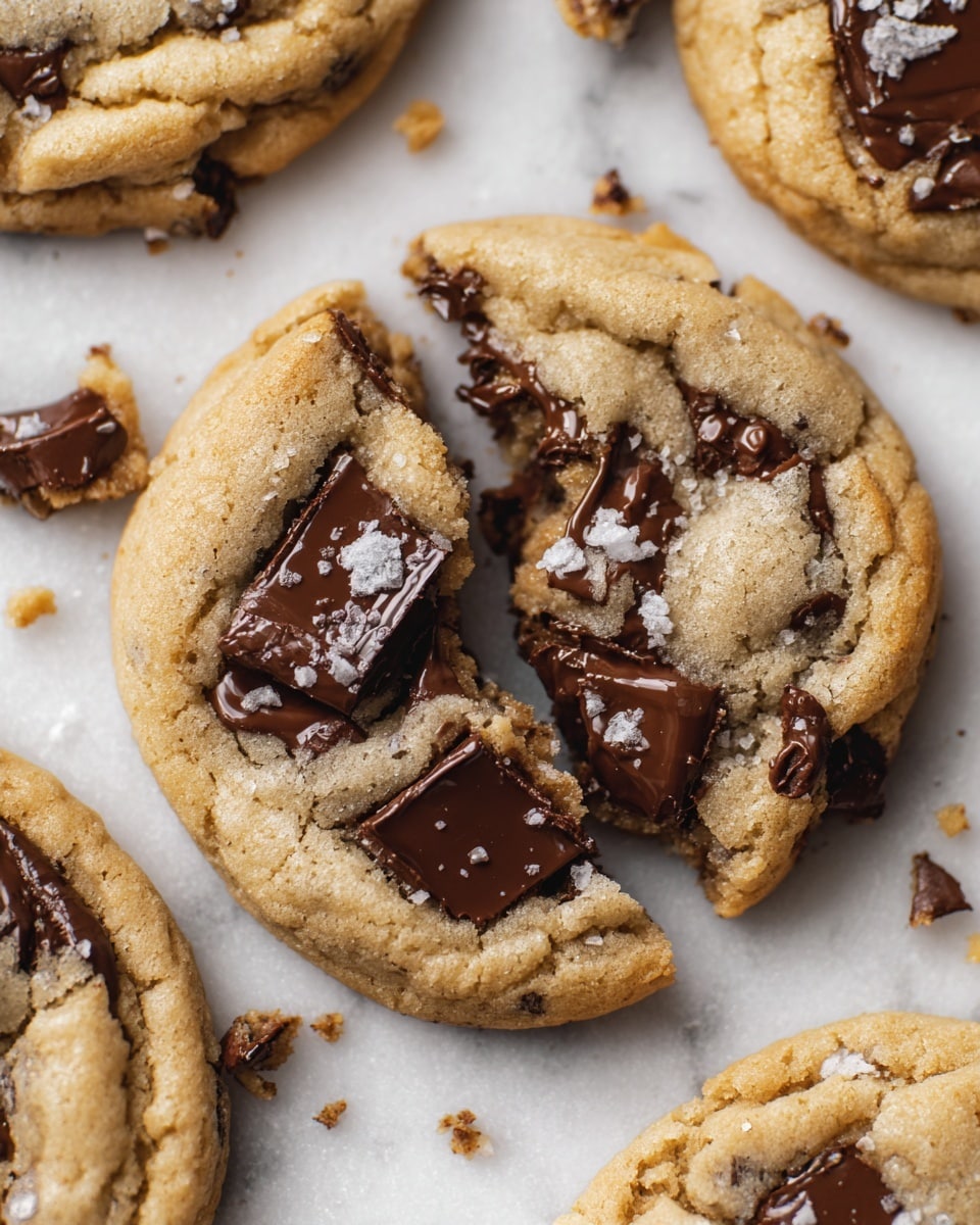 The image shows a close-up view of a soft chocolate chip cookie, broken in half on a white marbled surface. The cookie has a light golden-brown color with a slightly cracked texture, revealing a chewy inside. On the surface, there are large, glossy dark chocolate chunks and chips embedded generously, some with flaky salt sprinkled on top, adding texture and shine. Around the main cookie, parts of other similar cookies are visible with the same light golden tone and dark chocolate pieces. photo taken with an iphone --ar 4:5 --v 7