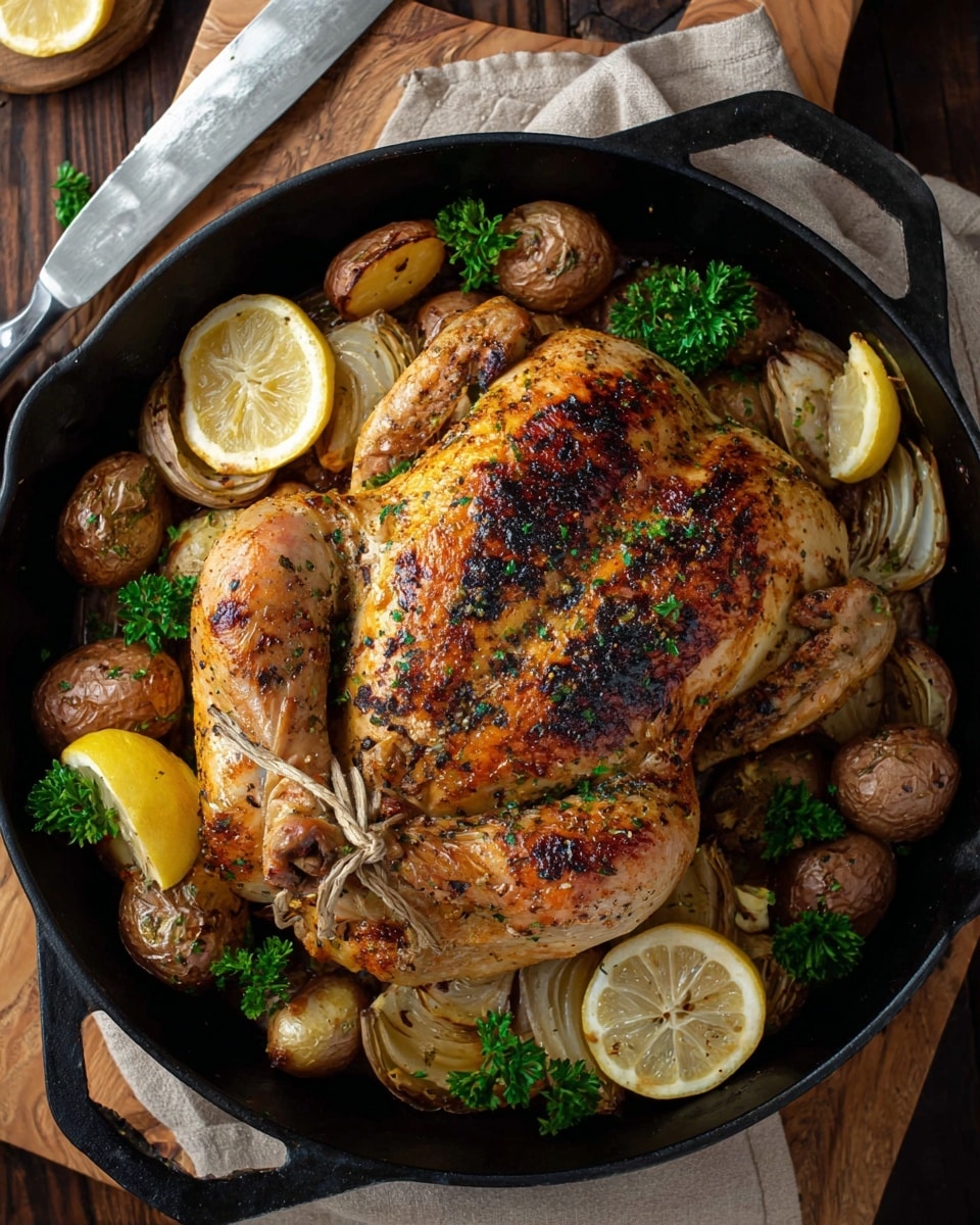 A roasted whole chicken with a golden brown and slightly charred skin is placed in the center of a black skillet. The chicken has two drumsticks tied together with a string, and it is surrounded by small roasted potatoes with crispy skins and tender, browned onions cut into wedges. Bright green parsley sprigs and thin lemon slices with pale yellow flesh are placed around the chicken, adding fresh color contrast. The skillet is set on a wooden board, with a beige cloth and a knife visible near the edges. Photo taken with an iphone --ar 4:5 --v 7