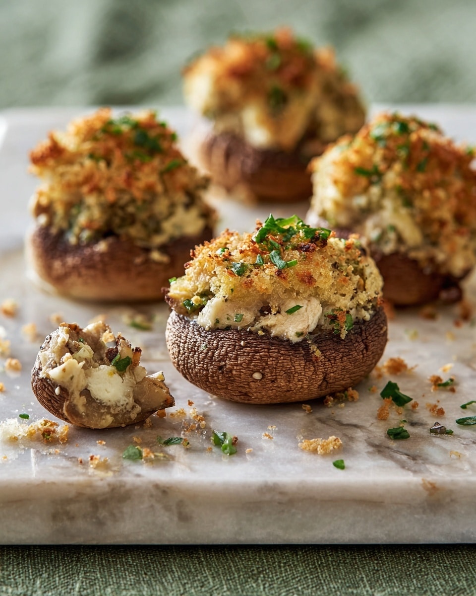The image shows four stuffed mushrooms on a white plate, each with three main layers: the bottom dark brown mushroom cap with visible textured lines, the middle creamy white filling that is smooth and slightly melted over the edges, and the top golden brown melted cheese layer with a crispy, charred surface. Each mushroom is garnished with small green parsley leaves on top, and a shiny orange sauce with herb bits pools around the mushrooms on the plate. The background is blurred but has a warm tone, and the surface is a white marbled texture. photo taken with an iphone --ar 4:5 --v 7